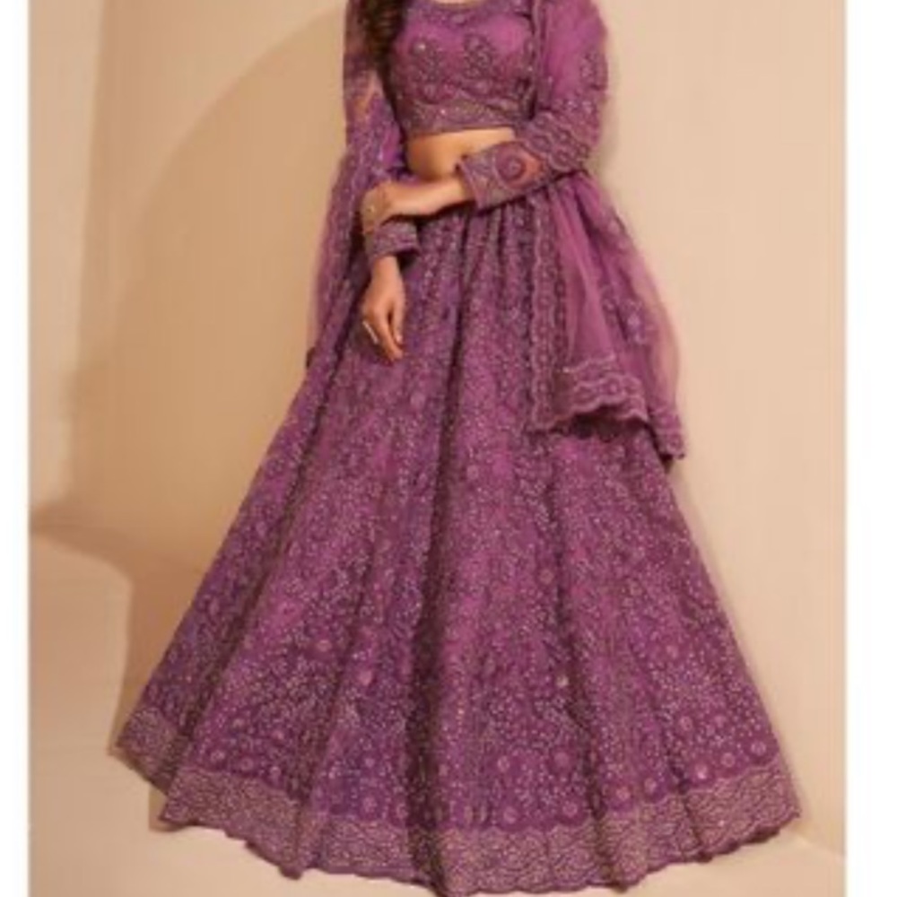 Gorgeous mauve/purple Indian wedding lehenga choli with scarf, intricate beading